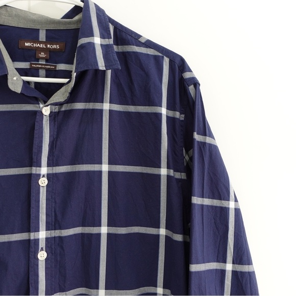 Michael Kors Sz XL Tailored Classic Fit Plaid LS Button Down Dress Shirt Navy - Picture 5 of 11